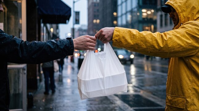 Man in yellow raincoat hands over white plastic bag with takeout food to customer on rainy city street. Courier makes food delivery in bad weather.
