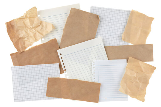 Torn paper scraps of different textures lay scattered on transparent surface.