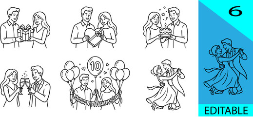 Obraz premium Collection of 6 couple celebrating anniversary and birthday party line icons with gift cake dance editable vector illustration