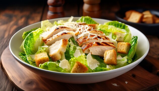 grilled chicken caesar salad with crisp romaine lettuce shaved parmesan and crunchy croutons served in a white bowl with soft lighting