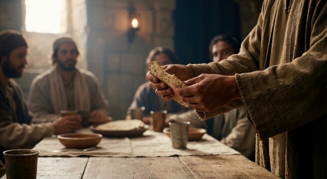 Person holding flatbread at a table with disciples. Biblical Last Supper, Passover meal, and Maundy Thursday scene