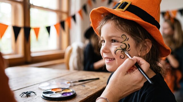 Little girl in witch hat gets face painting at halloween party.