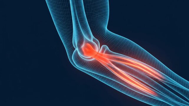 3D medical visualization of a human elbow joint with red inflammation indicating pain or injury in the tendons through a blue wireframe mesh
