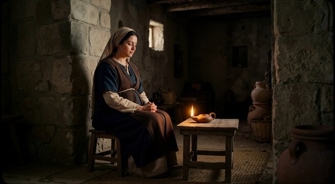 Pregnant Mary in prayer beside lit oil lamp in ancient stone room. Biblical scene after the annunciation. Virgin Mary advent concept