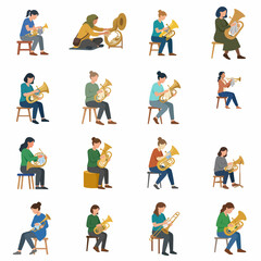 Fototapeta premium Vector illustration set of diverse female musicians playing brass instruments including tuba and euphonium while sitting, isolated on a white background.