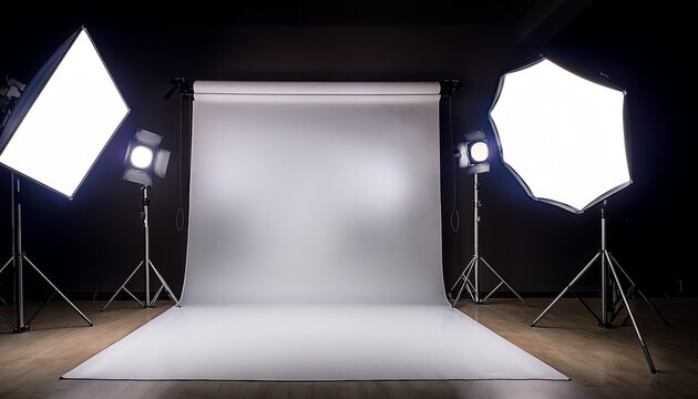 a professional photography studio with a white backdrop and two large studio lights pointing towards the center