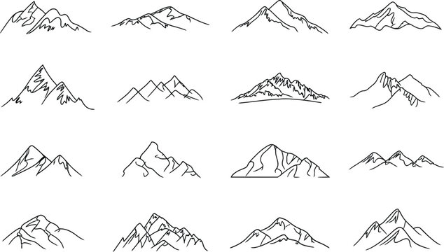 A collection of sixteen hand-drawn mountain range featuring various jagged peaks, rocky slopes, and snowy summits on white background