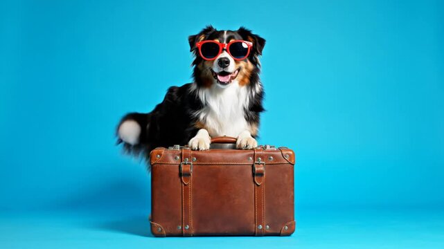 Happy dog with sunglasses on top of a vintage brown suitcase ready for vacation with blue background