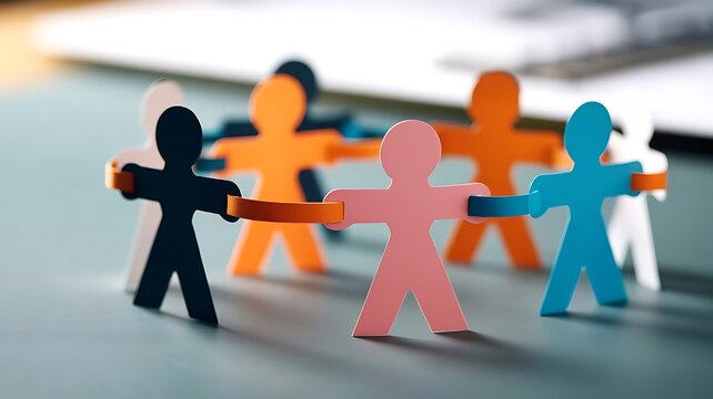 A group of colorful paper cutout people figures holding hands in a circle, symbolizing teamwork, diversity, unity, and social collaboration