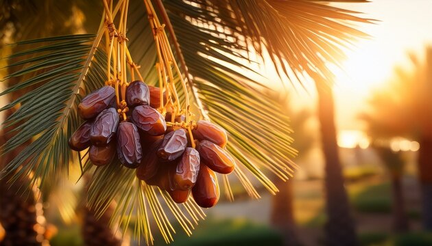 close up of ripe dates hanging from a palm tree branch bathed in warm sunlight symbolizing natural sweetness and harvest