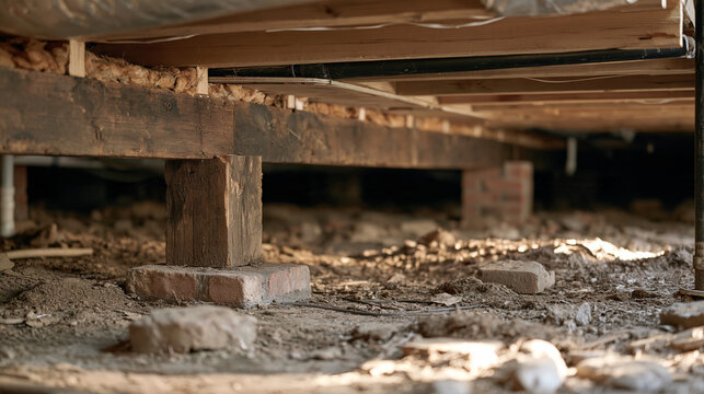 Wide view of crawl space access showing pier-and-beam foundation posts supporting a floor joist system with a sagging subfloor section and spray foam insulation applied to rim