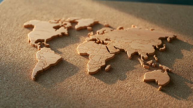 Overhead close up of a handcrafted wooden puzzle map with removable continent pieces spread across a cork board, geography learning toy, homeschool resource, Montessori