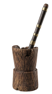 Traditional Sri Lankan Vangediya and Molgaha wooden mortar and heavy pestle with brass rings, aged jackfruit wood. Isolated on a transparent background.