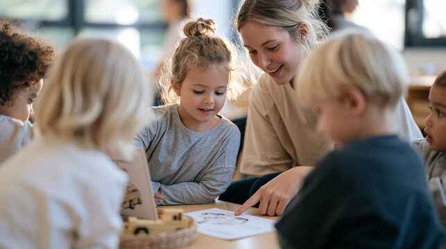 A teenage girl volunteering at an after school daycare program guides a group of four year olds through building a brick toy vehicle, kneeling at their level, pointing at an