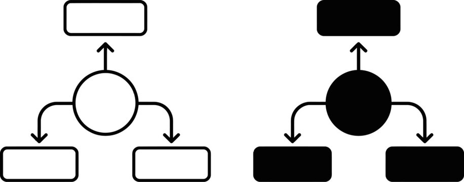 Minimalist flowchart icons, black and white organizational chart vectors, simple hierarchy diagram elements for business presentations
