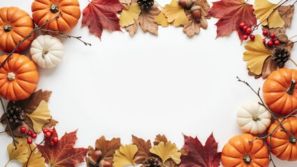Fototapeta premium Fall background with orange pumpkins and fall leaves on a light surface