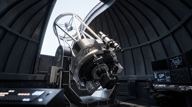 Large professional optical telescope inside an open astronomical observatory dome with computer monitors depicting space research, astronomy, and star observation