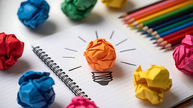 Creative idea generation concept with a glowing light bulb shape made of crumpled orange paper on a notebook surrounded by colorful paper balls