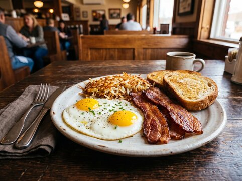 Hearty American breakfast plate with fried sunny-side up eggs, crispy bacon, hash browns, and buttered toast on a wooden diner table conveying classic morning comfort