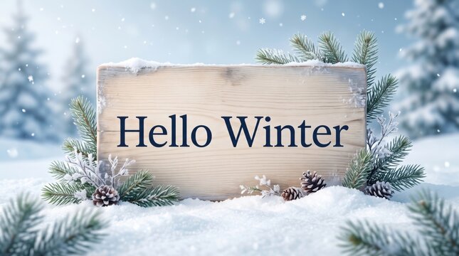 Wooden sign with &ldquo;Hello Winter&rdquo; text surrounded by snow, pine branches and pinecones, creating a seasonal winter greeting background