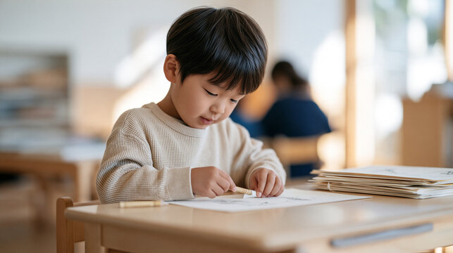 Young Japanese boy at a low kindergarten table, methodically peeling the paper wrapper off a worn-down crayon, dozens of finished drawings stacked beside him, soft classroom light