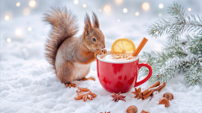 Red squirrel enjoying hot beverage in snowy winter forest. Anthropomorphic animal with red mug, cinnamon stick, and lemon slice in festive holiday setting.