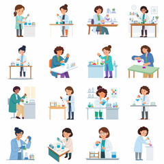 Fototapeta premium Vector collection of sixteen diverse female scientists conducting experiments with laboratory equipment, microscopes, and chemical flasks for medical research and STEM education themes.