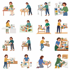 Fototapeta premium Creative female character set engaged in DIY crafts, scrapbooking, and journaling at home office desks, flat vector illustration isolated on white background for hobby and leisure projects.