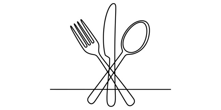 Fork knife and spoon continuous one line drawing, cutlery set illustration for dining and food themes, simple graphic, isolated on white.