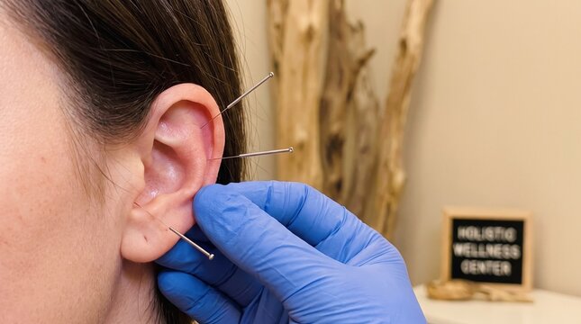 Acupuncturist Inserting Thin Needles Into Patient Ear for Holistic Wellness Treatment