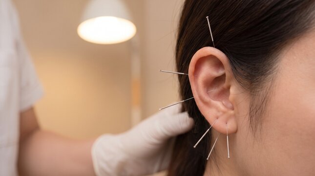 Close-up of a person receiving acupuncture treatment on their ear, with fine needles inserted into specific pressure points for therapeutic purposes