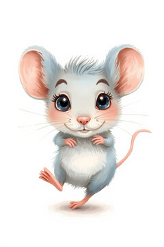 A small fluffy mouse with big ears, shiny eyes and ruddy cheeks, which amusingly balances on one leg on a white background.