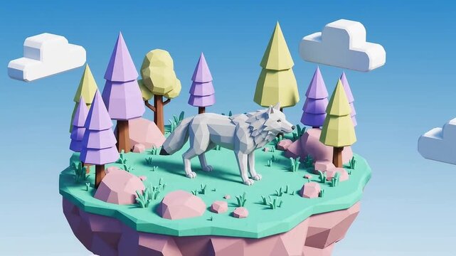 3D cartoon style floating island with birthday cake