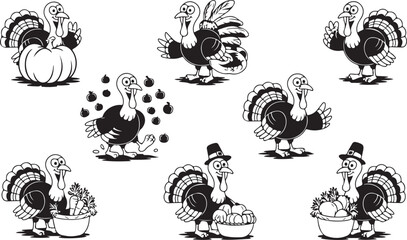 Fototapeta premium Thanksgiving turkey vector cartoon set with funny characters holding pumpkins, apples, and vegetables in black and white style