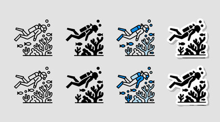 Fototapeta premium Scuba diving underwater icon set presentation board featuring diver corals fish in line glyph color and sticker styles