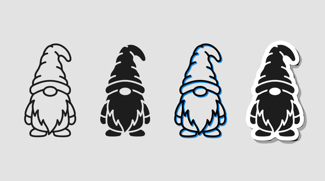 Scandinavian Tomte gnome vector icon set with outline glyph blue outline and sticker style variations