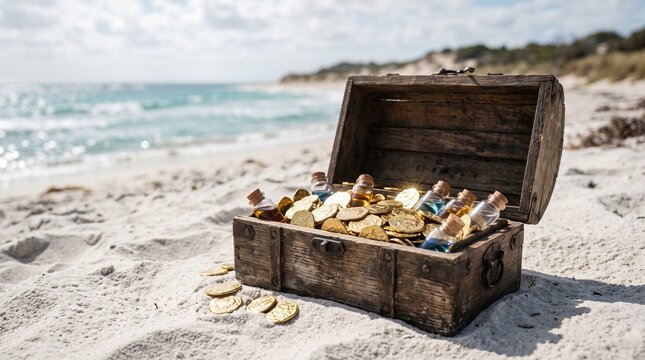 Open rustic wooden treasure chest overflowing with gold coins and small potion bottles resting on sandy beach shore highlighting pirate adventure and hidden treasure