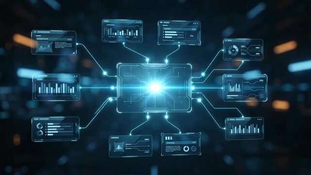 Futuristic digital interface showing AI agent automation workflow with glowing connected nodes for advanced data processing and complex system monitoring in a virtual cyberspace environment