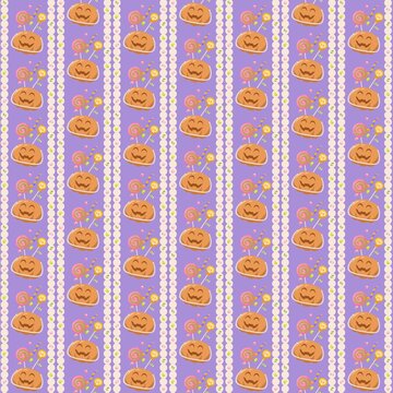 Cute purple Halloween striped seamless pattern with pumpkins and sweets