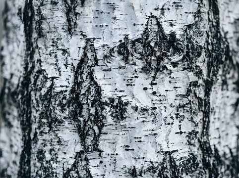 Close up of textured white birch bark with dark markings creating a natural abstract pattern