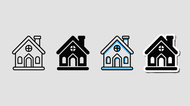 Cozy house with chimney vector icon set in outline filled colored and sticker styles