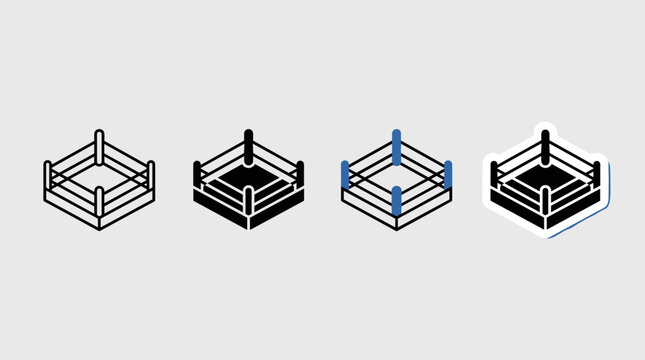 Wrestling ring vector icon set showing isometric ring with ropes in four style variations