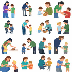 Fototapeta premium Vector illustration set featuring mothers and children interacting, sharing gifts, and bonding in various poses. Flat design characters isolated on white background for parenting and family concepts.