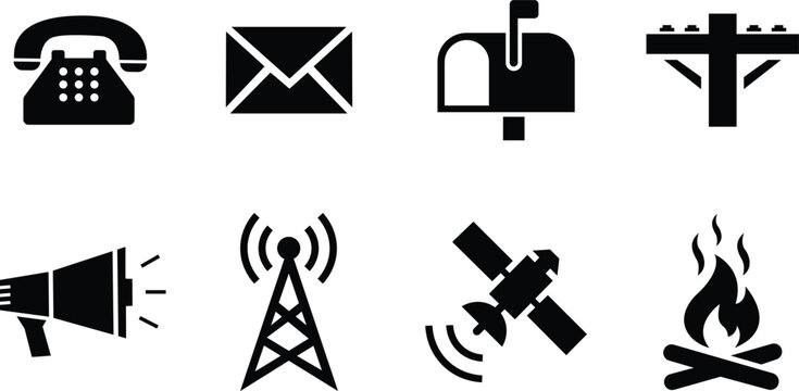Set of black communication and technology icons representing various methods of messaging and information transmission systems
