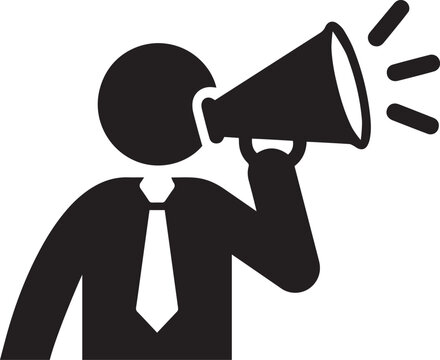 A black and white icon of a businessman speaking through a megaphone representing communication and leadership