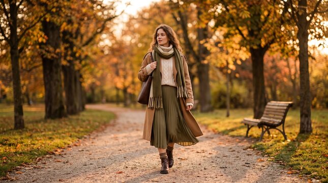 Young woman walks through a golden autumn park wearing a coat, knit sweater, scarf and pleated skirt. Concept seasonal fashion, lifestyle, advertising and social media. Generative AI