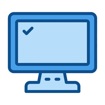 Blue computer monitor icon with tick mark on screen