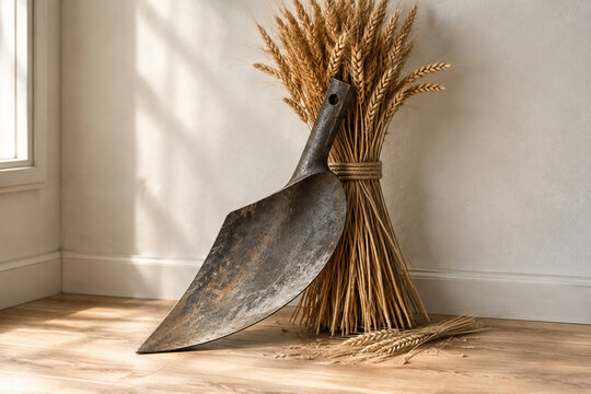 Reforged metal blade shaped into plowshare against dried wheat, peace and farming concept