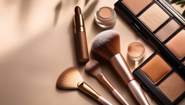 aesthetic makeup still life featuring brushes powder and bronzer palette