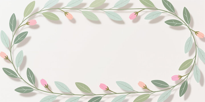 Delicate, pale pink flowers and mint green leaves forming an oval wreath with elegant lines, centered on a white background, creating a soft and calming atmosphere.